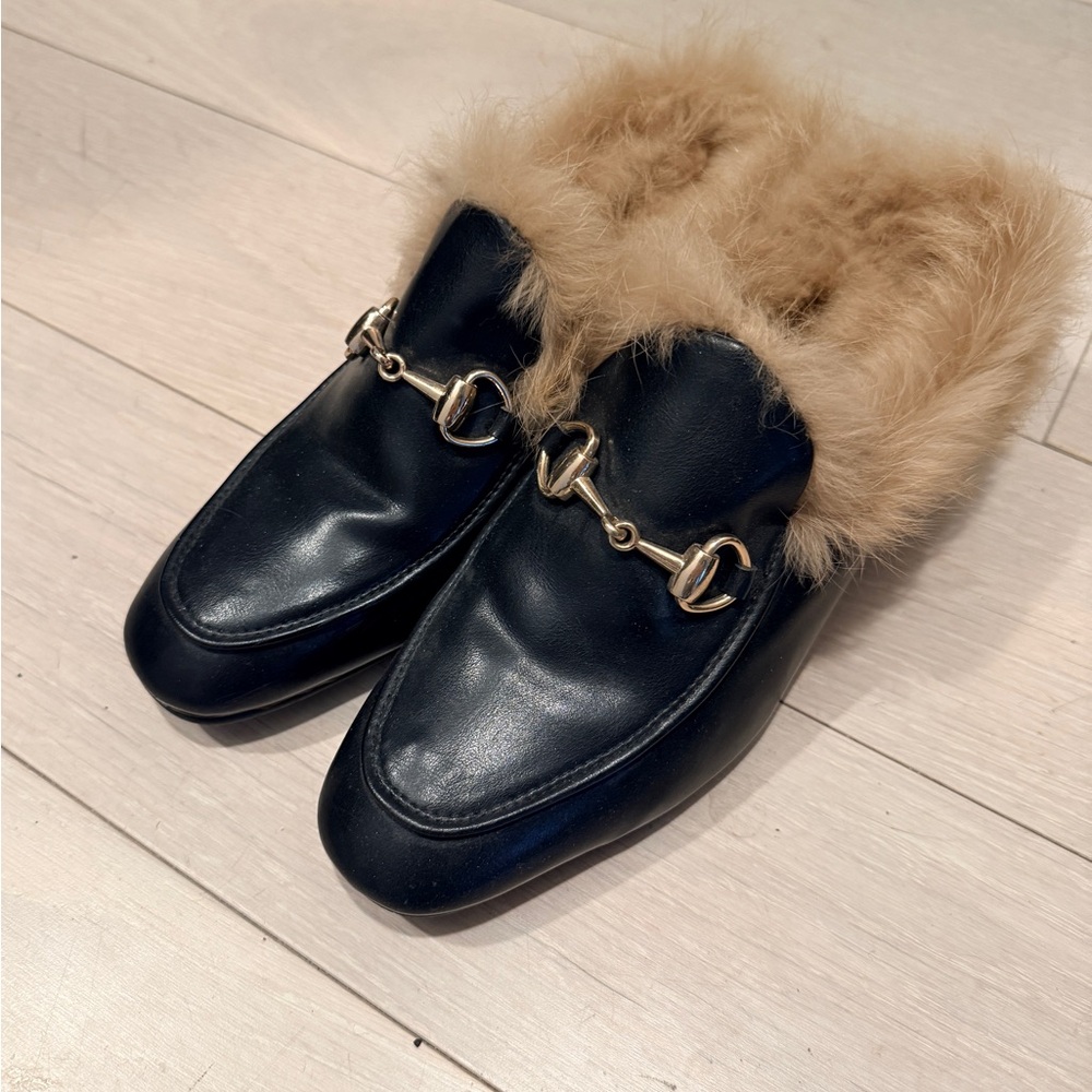 Black Loafers with Fur Trim and Gold Chain